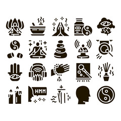 Meditation Practice Glyph Set Vector. Meditation Yoga Relaxation Aromatic Therapy, Human Concentration, Gong And Painting Glyph Pictograms Black Illustrations