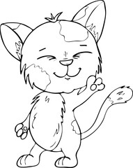 Vector kitten, cartoon cute happy white cat smiling. Character cat, line art, black and white drawing illustration for kids. Coloring Page for Children.Can be used for kids wear, card, nursery.
