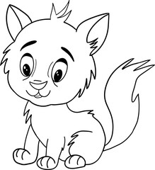 Vector kitten, cartoon cute happy white cat smiling. Character cat, line art, black and white drawing illustration for kids. Coloring Page for Children.Can be used for kids wear, card, nursery.