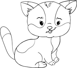 Vector kitten, cartoon cute happy white cat smiling. Character cat, line art, black and white drawing illustration for kids. Coloring Page for Children.Can be used for kids wear, card, nursery.