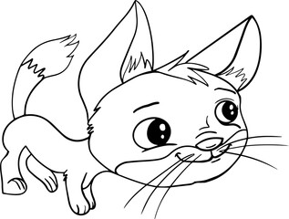 Vector kitten, cartoon cute happy white cat smiling. Character cat, line art, black and white drawing illustration for kids. Coloring Page for Children.Can be used for kids wear, card, nursery.