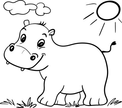 Vector cartoon hippo.Cute little hippo character, hand drawn vector illustration.Coloring book hippopotamus, african, savannah animal.Can be used for t-shirt print, kids wear, baby shower, nursery.