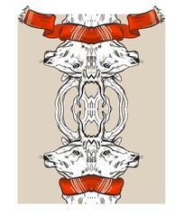 Hand drawn vector abstract retro Merry Christmas greeting card template with mirror graphic deers composition in red scarf.Happy holiday hipster sign.Christmas save the date concept.Unique print