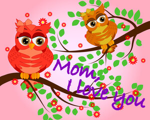 Mother's day owl. Cute illustration of happy mother and kid owl