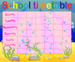 School timetable with marine themes, table, underwater
