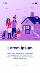 Happy family couple with kids and pet standing together outside, in front of their house. Vector illustration for home, real estate, residential area concept