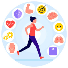 Running woman and useful activity, icons. Sportive girl runs, training. Positive benefits of exercise. Running affects immunity, strength, mood, cardiovascular system, weight, brain activity. Vector