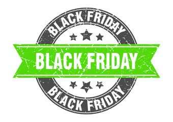 black friday round stamp with ribbon. label sign