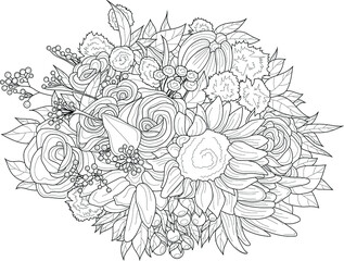 Realistic mix flowers bouquet with roses and sunflower sketch. Vector illustration in black and white for games, background, pattern, decor. Print for fabrics. Coloring paper, page, story book
