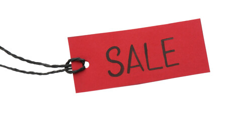 Red tag with word SALE isolated on white. Black Friday concept