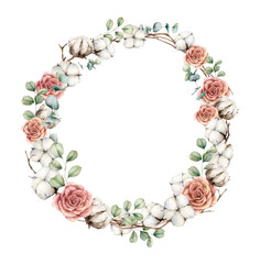 Watercolor autumn wreath with roses, cotton and eucalyptus branches. Hand painted rustic card isolated on white background. Floral illustration for design, print, fabric or background.