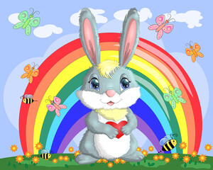 Bunny with a heart in a meadow near the rainbow. Spring, postcard