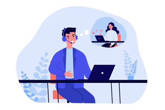 Support Operator Talking To Unhappy Client. Man In Headset, Upset Woman With Laptop In Though Bubble Flat Vector Illustration. Customer Service Concept For Banner, Website Design Or Landing Web Page