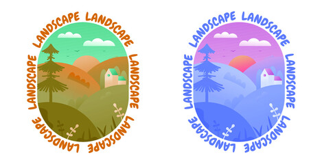 Vector illustration of landscape natural background and village. Сolorful sunset and sunrise. Spring, summer, autumn. Nature, mountains, trees, plants, birds, clouds and sun.
