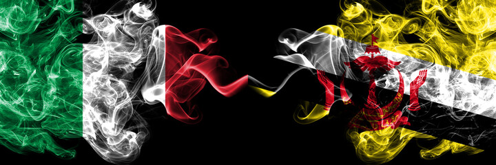 Italy vs Brunei, Bruneian smoky mystic flags placed side by side. Thick colored silky abstract smoke flags of Italian and Brunei, Bruneian