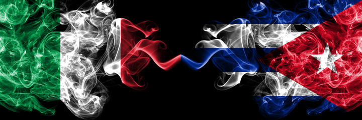 Italy vs Cuba, Cuban smoky mystic flags placed side by side. Thick colored silky abstract smoke...