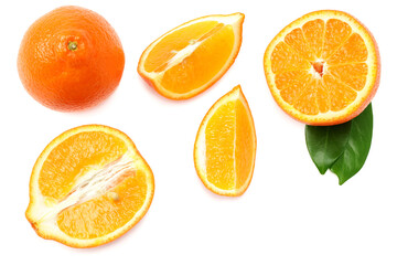 sliced orange with green leaf isolated on white background top view