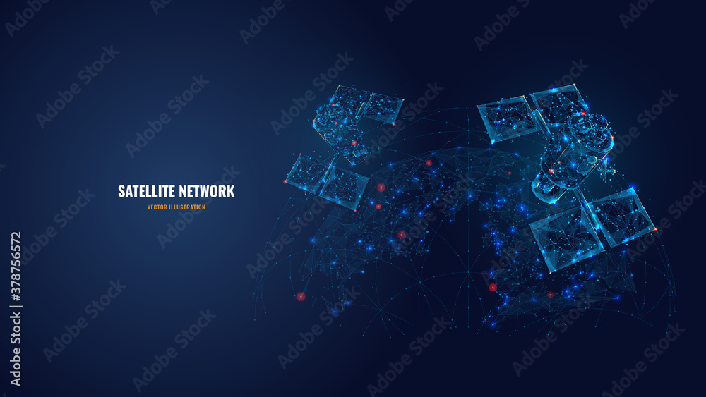 Poster abstract 3d satellites in space. global internet communications, satellite network concept. vector m