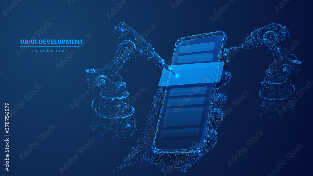 Fototapete Abstract polygonal 3d image of robotics and hand holding phone in blue. Innovative UX or UI development mobile app or website concept. User experience, user interface vector mesh looks like starry sky
