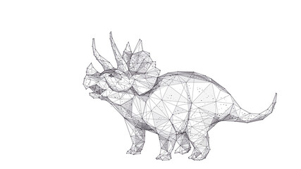 Polygonal huge 3d triceratops with horns isolated in white background. Abstract hand drawing of triceratops dinosaur consists of black lines, dots and triangles. Vector animal sketch concept - obrazy, fototapety, plakaty