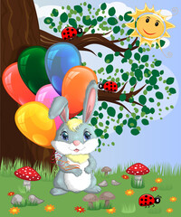 Cute cartoon bunny with an armful of balls in a forest glade. love, postcard