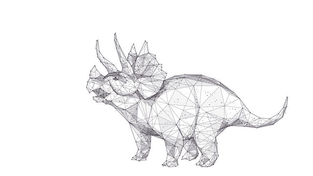 Polygonal huge 3d triceratops with horns isolated in white background. Abstract hand drawing of triceratops dinosaur consists of black lines, dots and triangles. Vector animal sketch concept