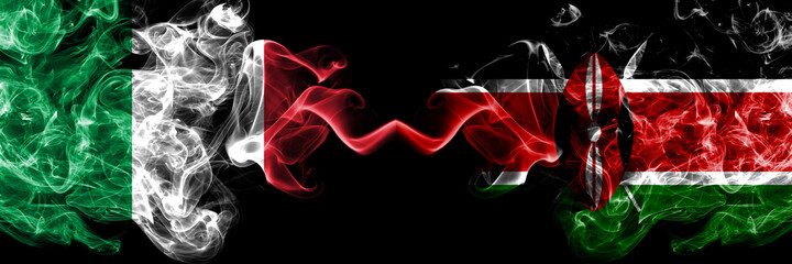 Italy vs Kenya, Kenyan smoky mystic flags placed side by side. Thick colored silky abstract smoke flags of Italian and Kenya, Kenyan
