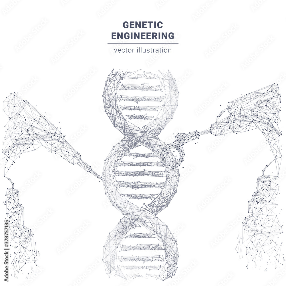 Fototapete abstract polygonal 3d robotic arm and tool modifying dna helix. dna molecules and robotics vector sk