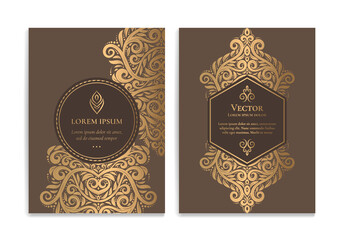 Brown and gold luxury invitation card design. Vintage ornament template. Can be used for background and wallpaper. Elegant and classic vector elements great for decoration.