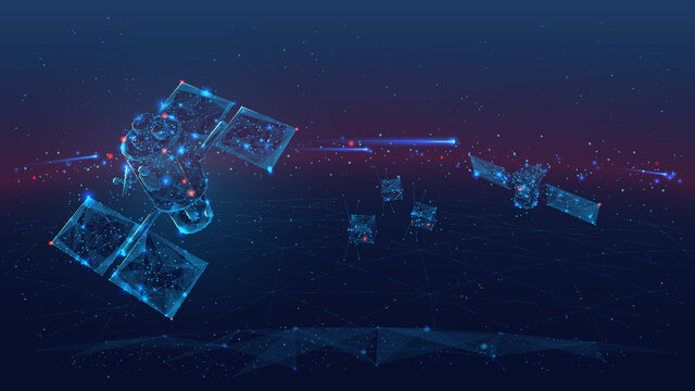 3d satellites polygonal art illustration. Wireless satellite technology, communication or network concept. Abstract vector color wireframe. Digital space dark image with blue lines, dots and stars