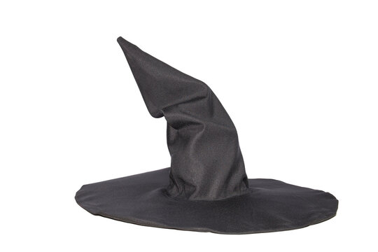 Halloween accessories, black witch hat on white background