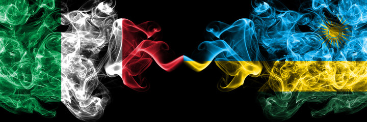 Italy vs Rwanda, Rwandan smoky mystic flags placed side by side. Thick colored silky abstract smoke flags of Italian and Rwanda, Rwandan