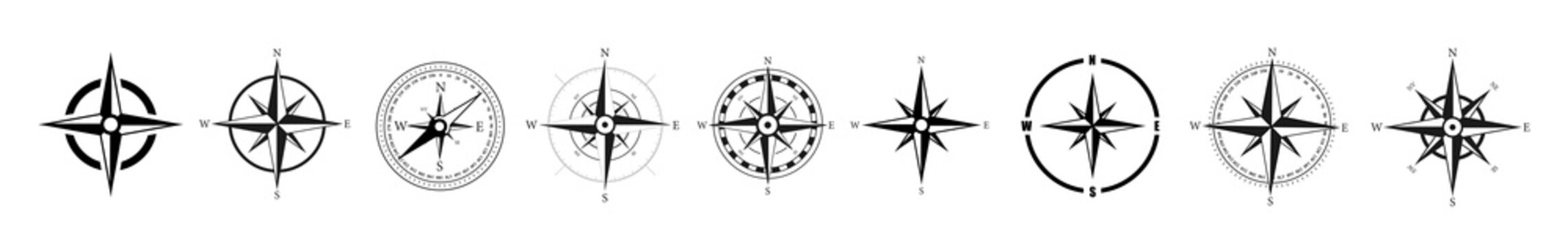 Black wind rose or compass set. Vector