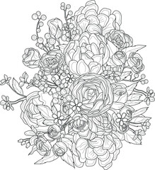 Realistic mix flowers bouquet with roses, peony and small berries and flowers sketch. Vector illustration in black and white for games, background, pattern, decor. Print for fabrics.  Coloring paper