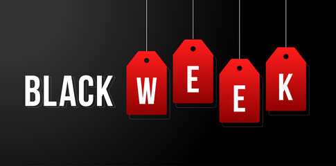 Black week vector illustration. Black week sale white tags advertising on black background vector illustration - obrazy, fototapety, plakaty