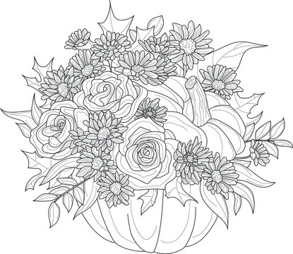 Realistic mix flower bouquet with roses, gerbera and leafs in pumpkin sketch. Vector illustration in black and white for games, background, pattern, decor. Print for fabrics.  Coloring paper, page, bo