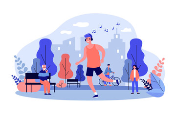 Guy listening to music and jogging in park. Running man wearing earphones flat vector illustration. Activity, sport, lifestyle concept for banner, website design or landing web page