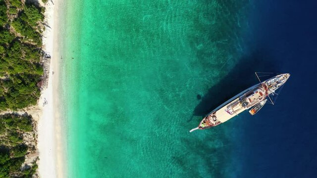 Aerial drone video of beautiful paradise turquoise sea sandy beach and bay of Gidaki accessible by short hiking in beautiful Ionian island of Ithaki or Ithaca, Greece
