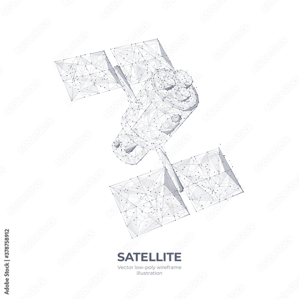 Poster 3d communications satellite isolated in white. Wireless satellite technology, mobile communication, internet, TV and radio concept. Abstract vector sketch with lines and dots. Low poly wireframe