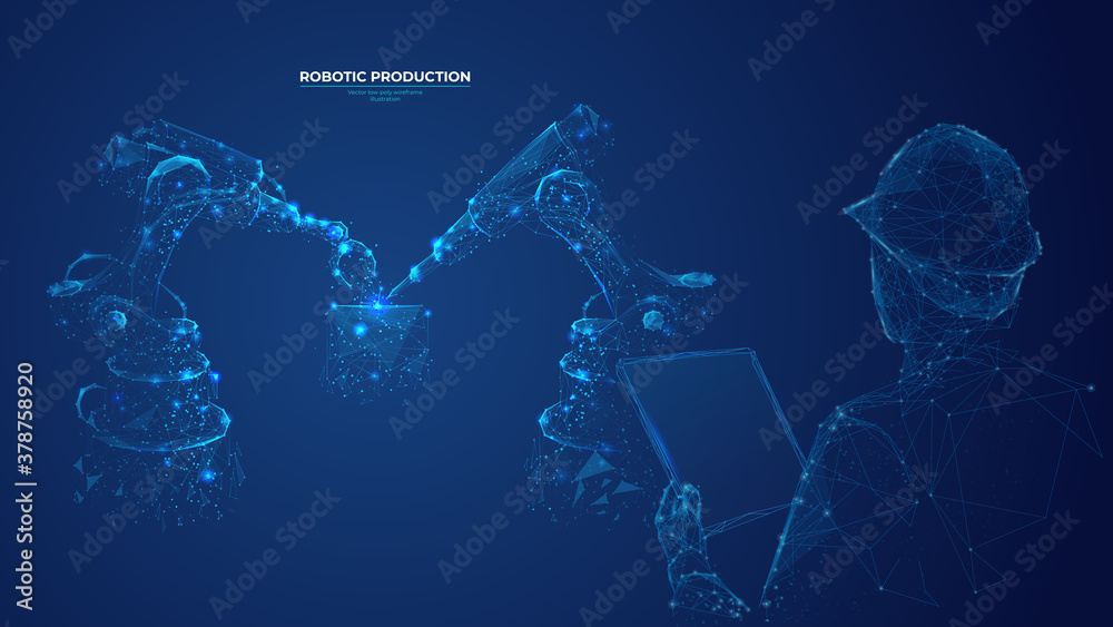 Aufkleber Abstract polygonal engineer holding tablet and controlling robotic arm and robotic tool. Smart technology manufacturing process in dark blue. Vector image of industrial technology, automation concept