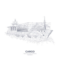 Abstract polygonal 3d cargo ship isolated in white background. Container ships, transportation, logistics or international shipping concept. Vector hand drawing illustration with connected dots
