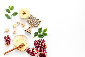 Jewish holiday background - food for Rosh Hashanah. Above view