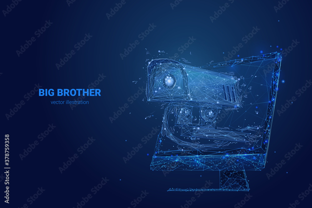 Poster Polygonal 3d security camera on computer screen in dark blue. Big Brother is watching. Digital vector illustration with connected dots. Surveillance, spying, control, personal data and privacy concept