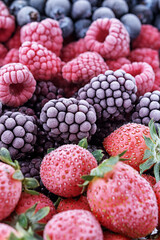 The frozen berries of raspberries, blackberries, blueberries, strawberries, covered with hoarfrost.