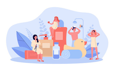 Bathroom and spa procedures concept. People taking shower, using soap, shampoo bottles, sponge. Vector illustration for hygiene, daily routine, cosmetics topics