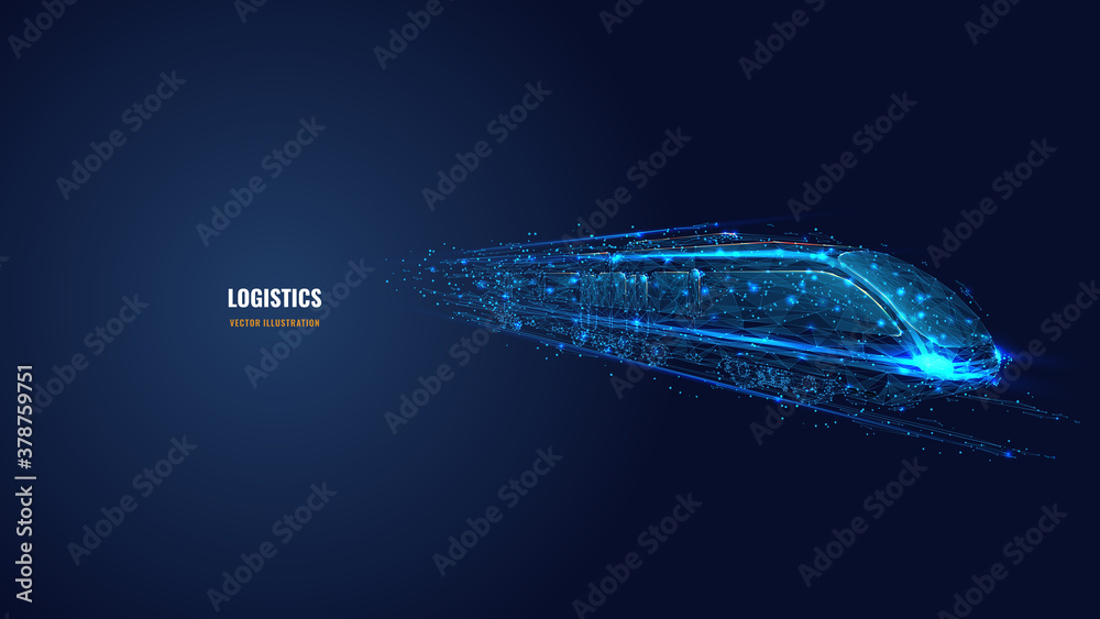 Poster 3d moving high-speed train in dark blue. railway logistics, transport, tourism and technology concep