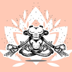 Monkey is meditating, levitates, sits in a lotus position and keep calm. Vector illustration in retro style. Template for tattoo. vintage graphics.