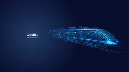 3d moving high-speed train in dark blue. Railway logistics, transport, tourism and technology concept. Abstract vector mesh looks like starry sky. Digital low poly wireframe with connected dots
