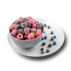 Frozen berries in a grey bowl on a white isolated background.