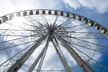 A giant panoramic Ferris wheel with a great cityscape in the center of Budapest, Hungary